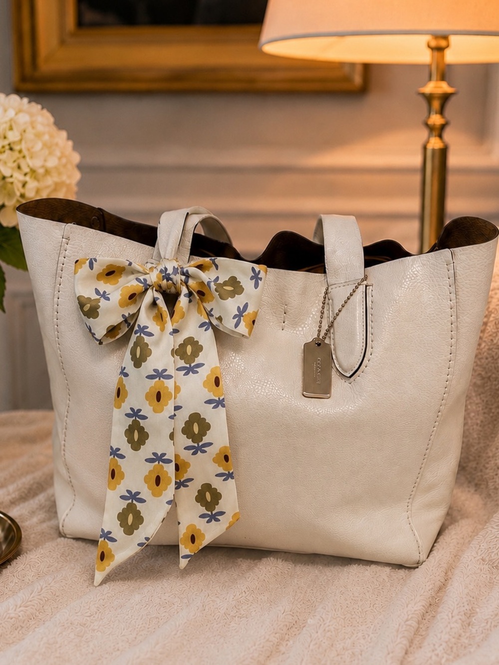 Coach Derby Chalk Pebbled Leather Tote with Floral Scarf Accent